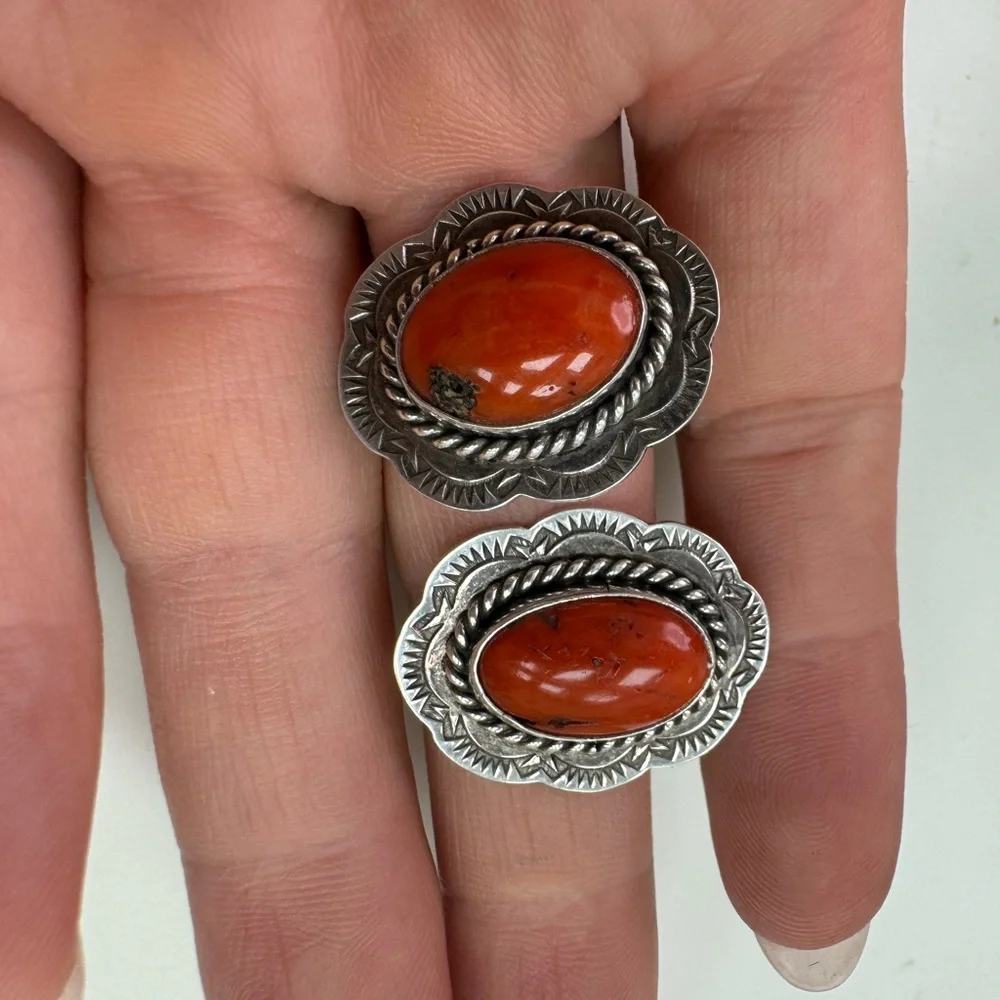 Navajo J. Slifka 925 Sterling silver and coral clip on earrings 11.7g